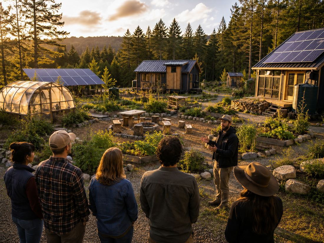 People touring an off-grid demonstration site with solar, gardens, and small structures